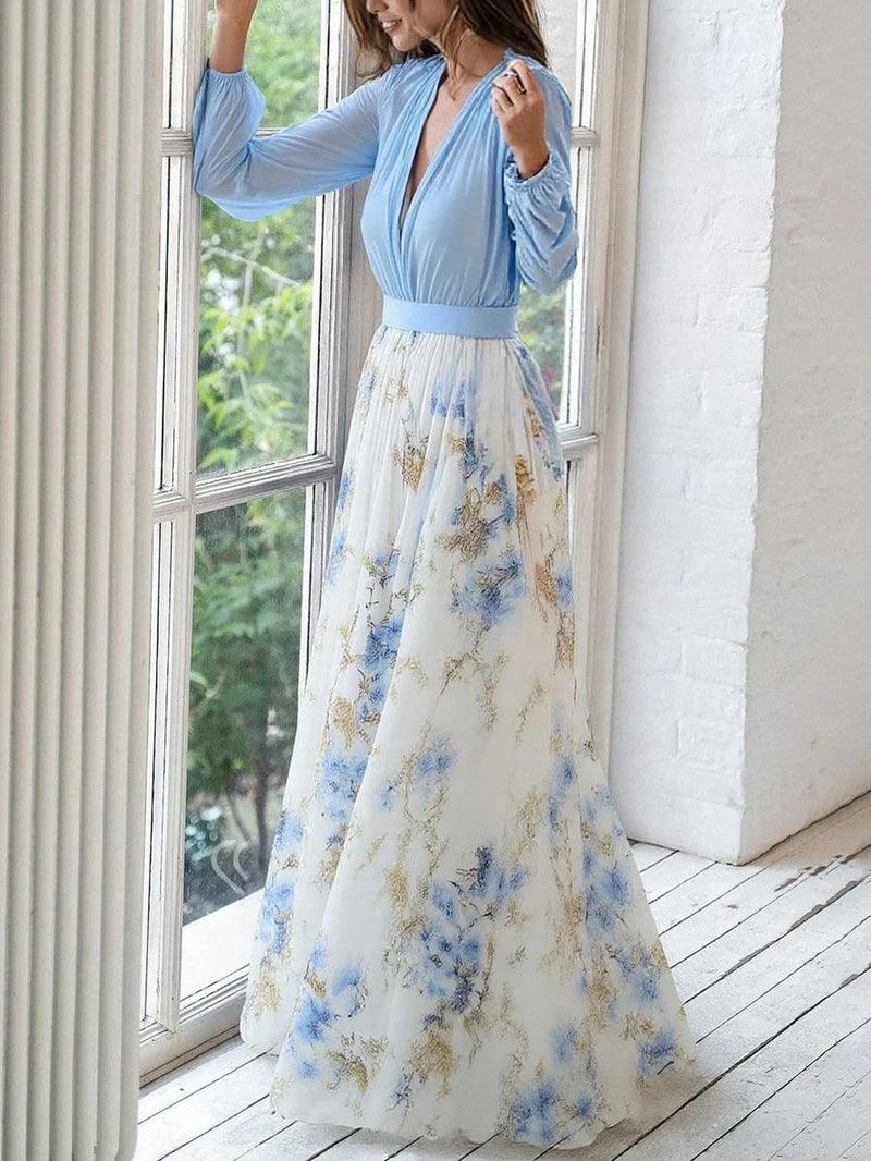 Vestido Maxi Estampado Floral con Cuello en V