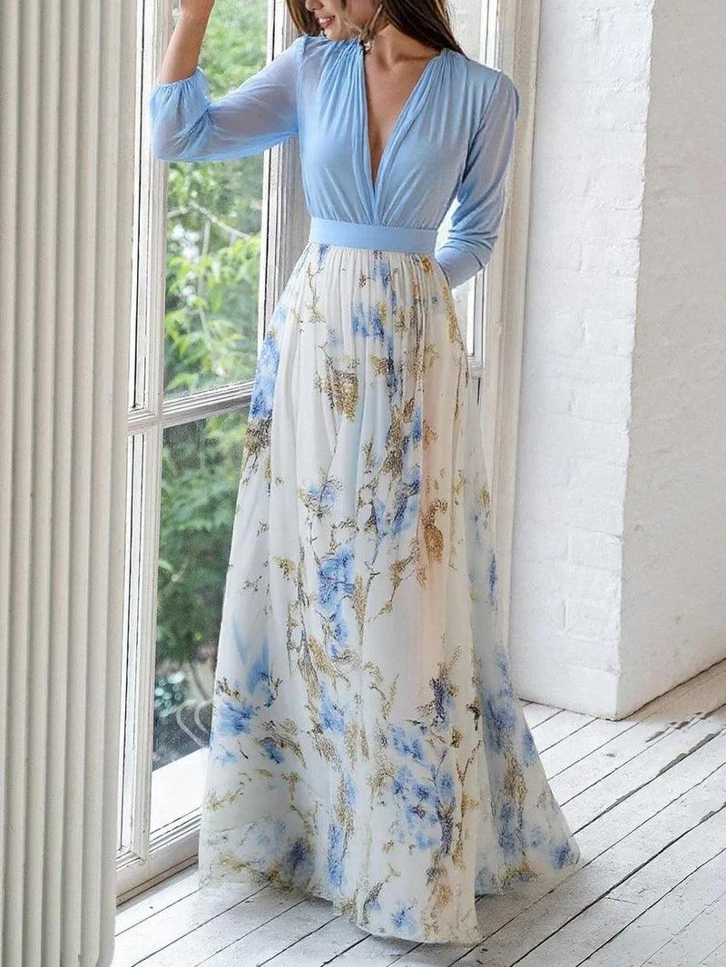 Vestido Maxi Estampado Floral con Cuello en V