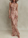 Lia - Maxi vestido de gasa con estampado floral elegante y escote con abertura