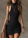 Mini Vestido Bohemio Canelado Halter con Fruncido