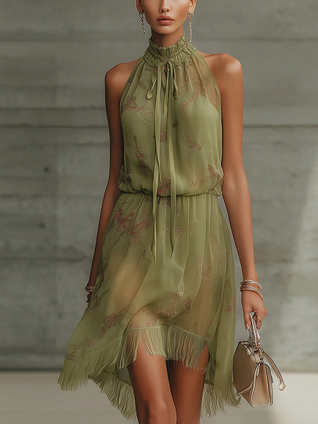 Mini Vestido de Chiffon Verde Floral con Cintura Lazada