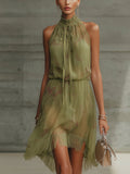 Mini Vestido de Chiffon Verde Floral con Cintura Lazada