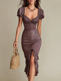 Vestido Midi Retro con Escote Corazón y Dobladillo con Volantes