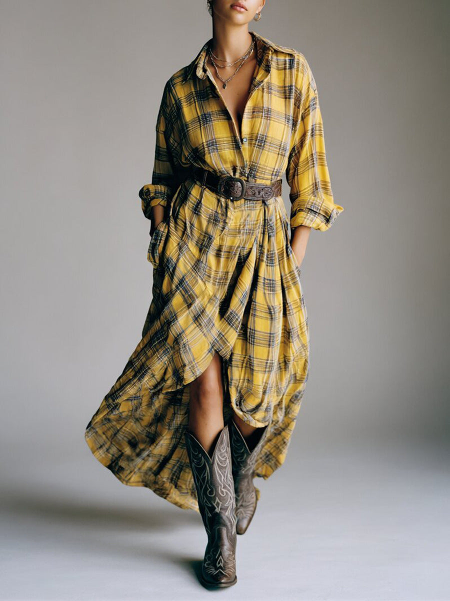 Vestido Camisero Retro de Cuadros Holgado con Cinturón