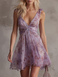 Mini Vestido de Chiffon Retro Morado Floral con Volantes