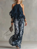 Conjunto de Chiffon con Top Halter Marino y Pantalón Ancho Estampado