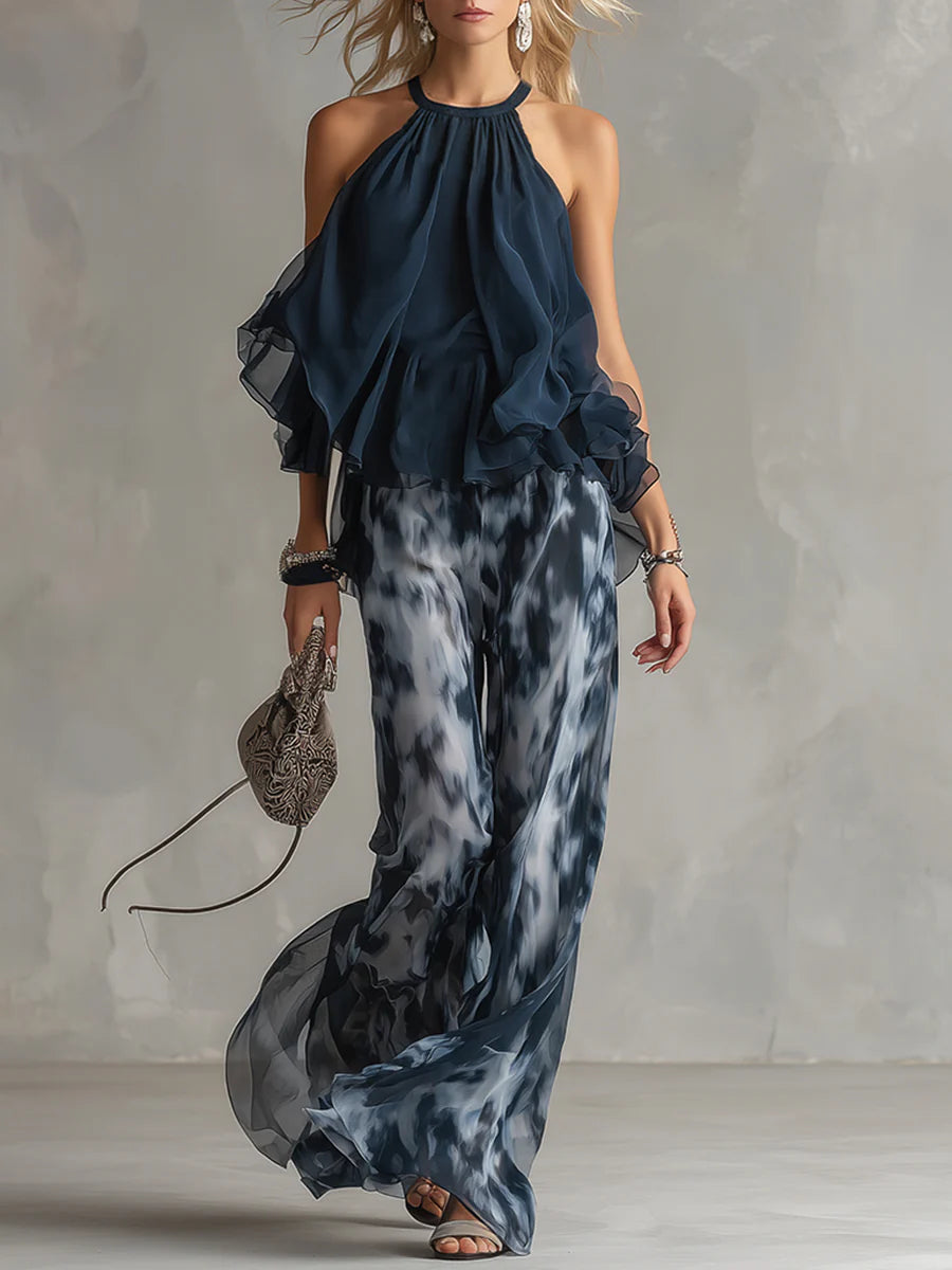 Conjunto de Chiffon con Top Halter Marino y Pantalón Ancho Estampado