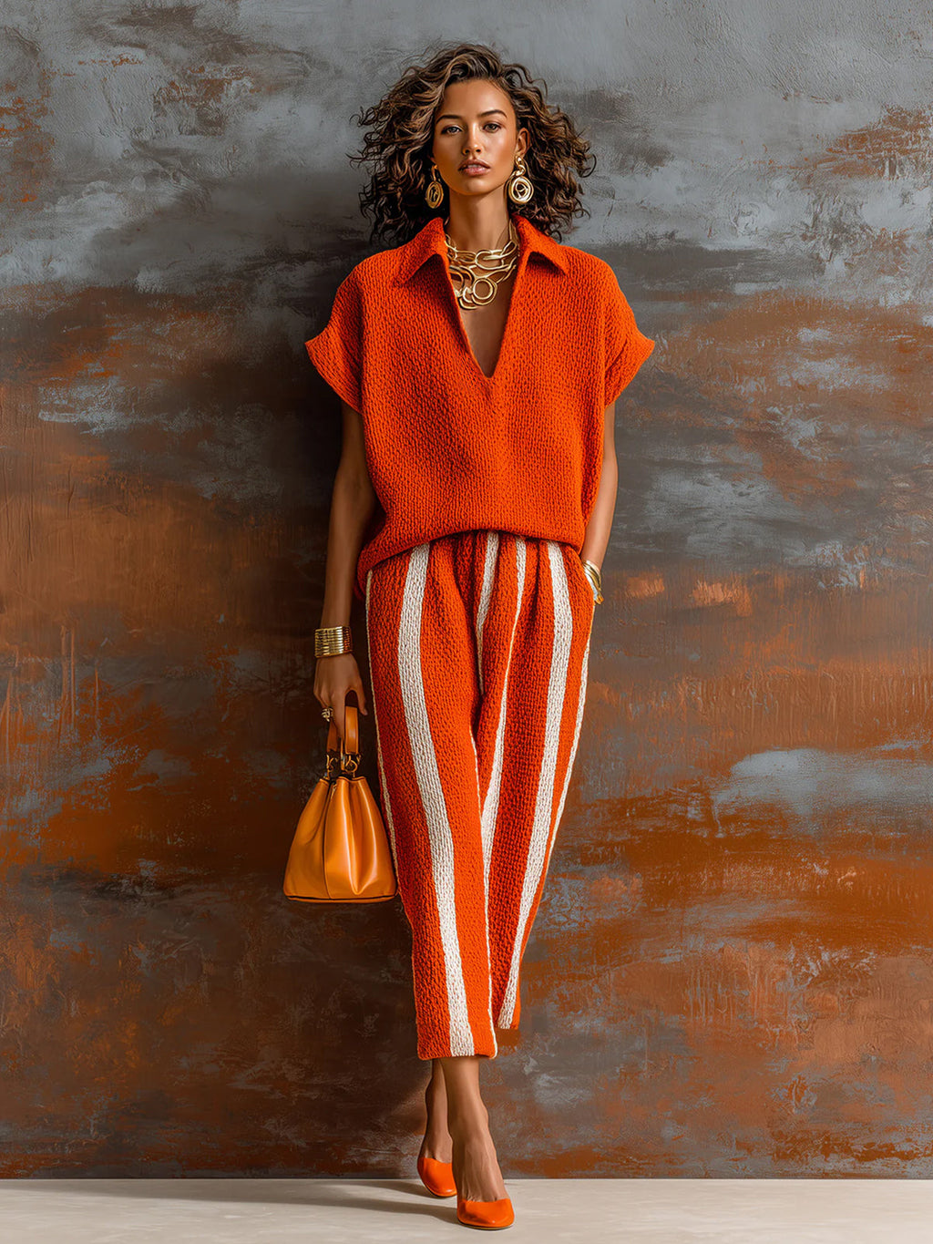 Set de Dos Piezas Chic Elegante Naranja y Blanco: Suéter Colorblock con Cuello en V y Pantalón Elástico