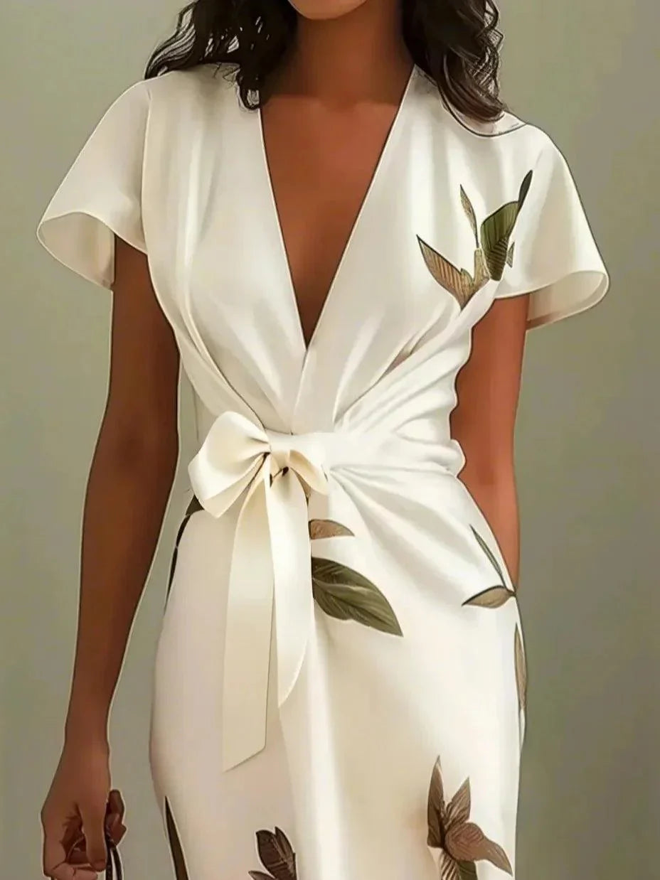 Vestido Midi Satinado Blanco con Estampado de Hojas y Manga Corta
