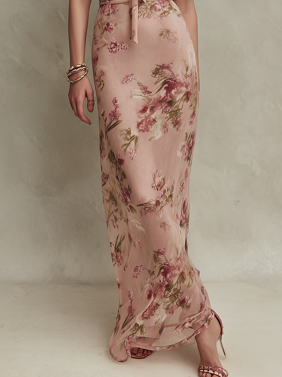 Lia - Maxi vestido de gasa con estampado floral elegante y escote con abertura