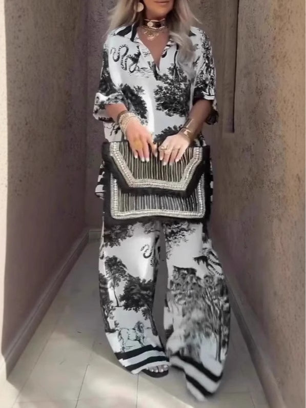 Conjunto Casual de Top Estampado con Cuello en V, Manga Corta y Pantalón de Pierna Ancha