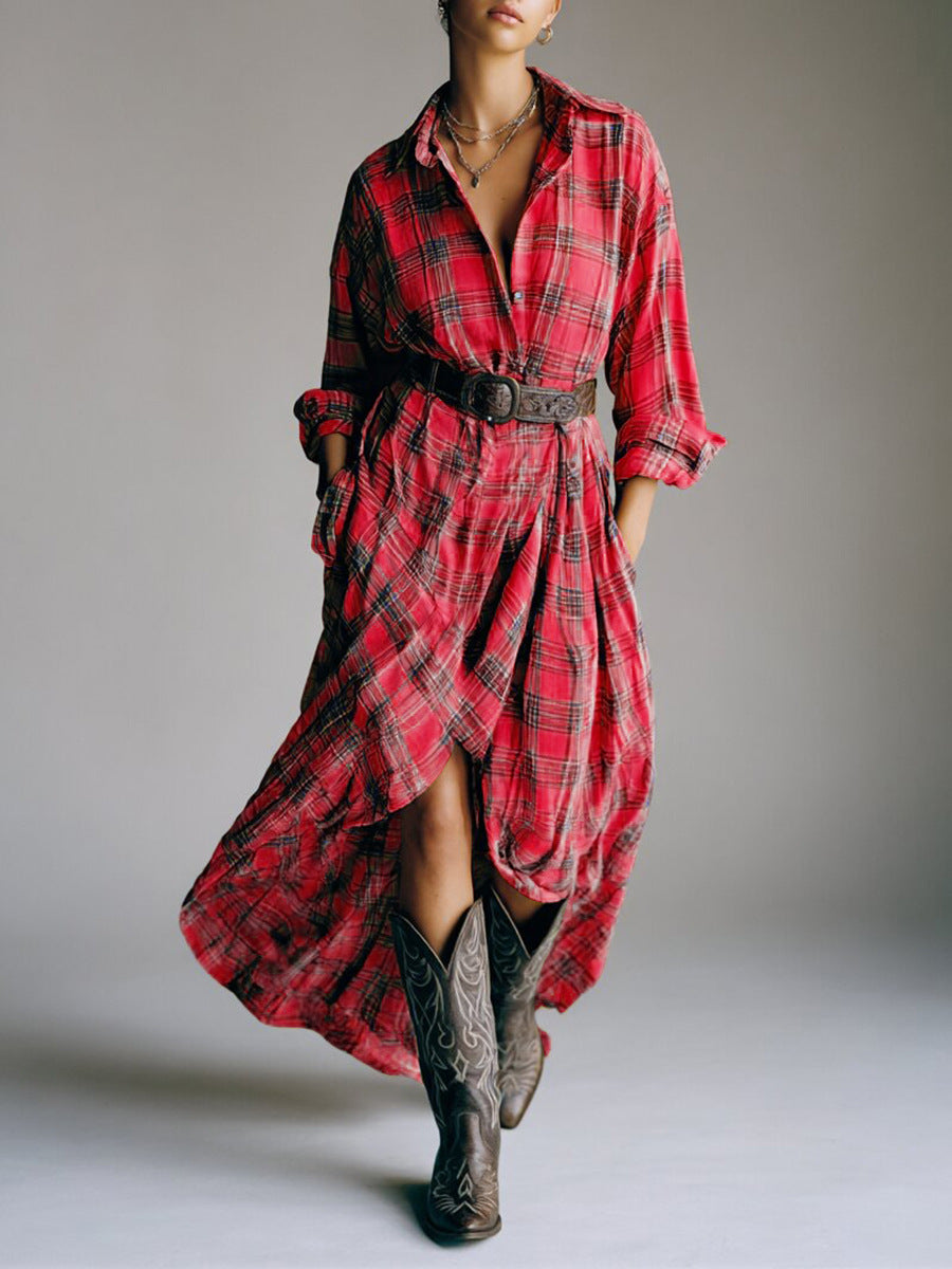 Vestido Camisero Retro de Cuadros Holgado con Cinturón