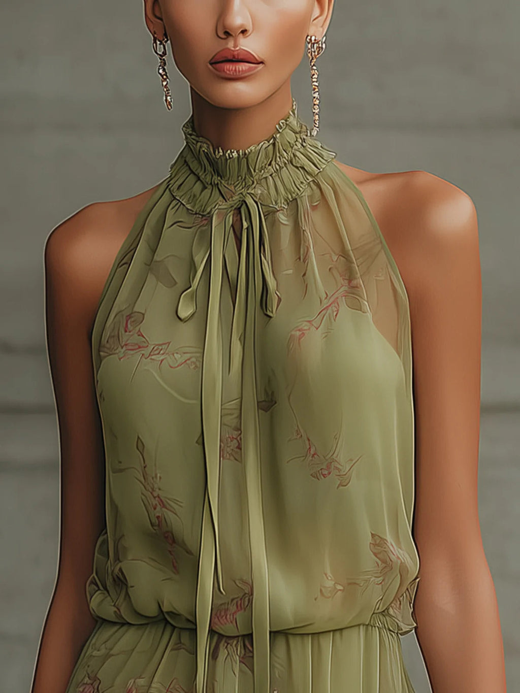 Mini Vestido de Chiffon Verde Floral con Cintura Lazada