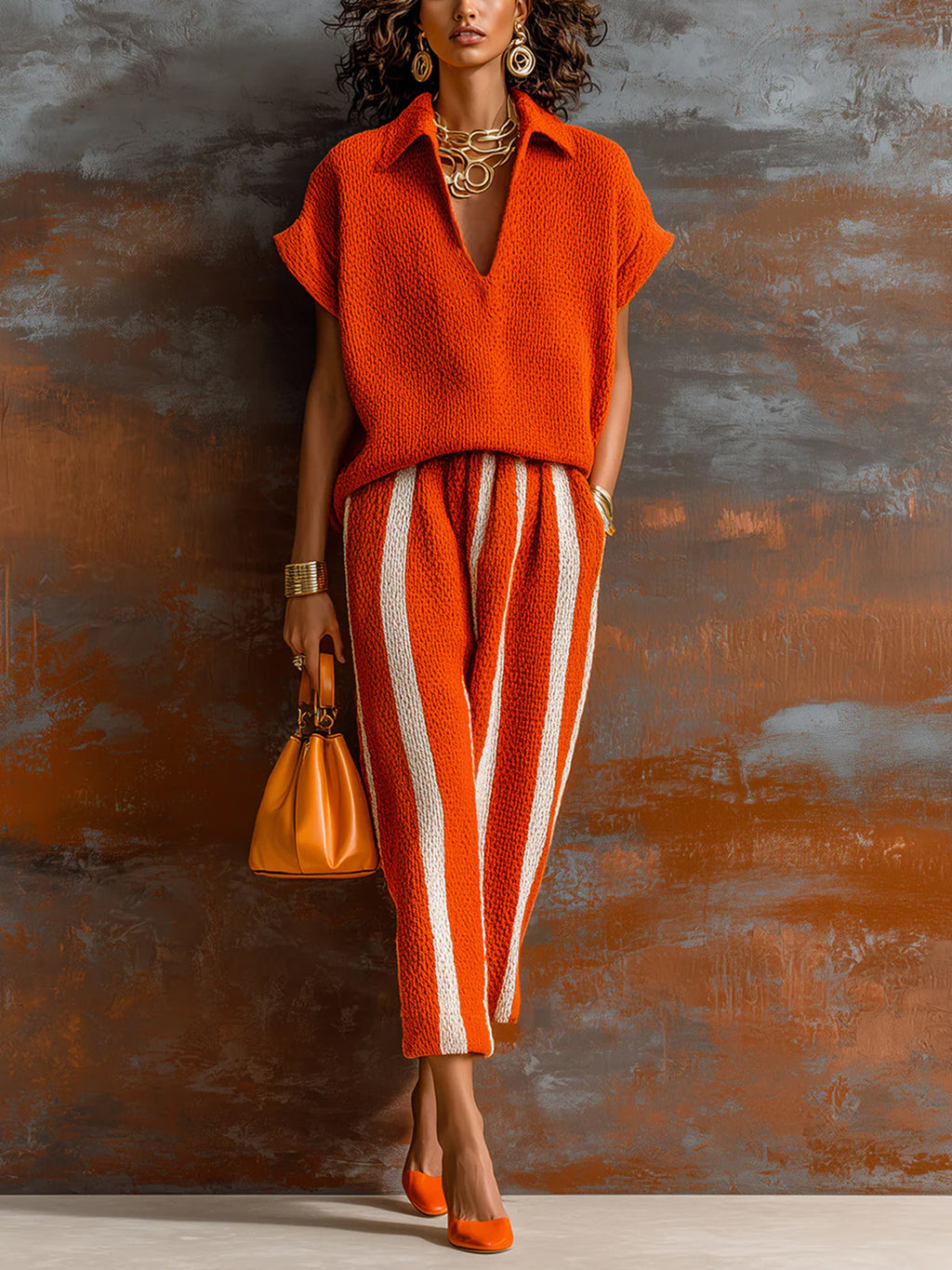 Set de Dos Piezas Chic Elegante Naranja y Blanco: Suéter Colorblock con Cuello en V y Pantalón Elástico