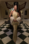 VESTIDO LARGO DORADO CON APLICACIÓN EN LA ESPALDA