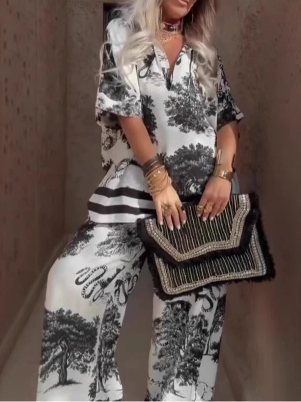 Conjunto Casual de Top Estampado con Cuello en V, Manga Corta y Pantalón de Pierna Ancha