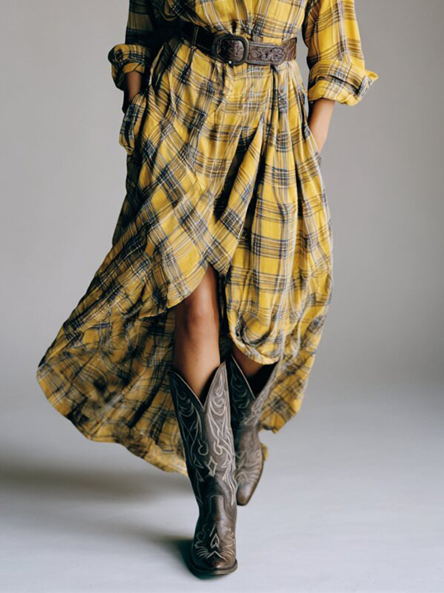Vestido Camisero Retro de Cuadros Holgado con Cinturón