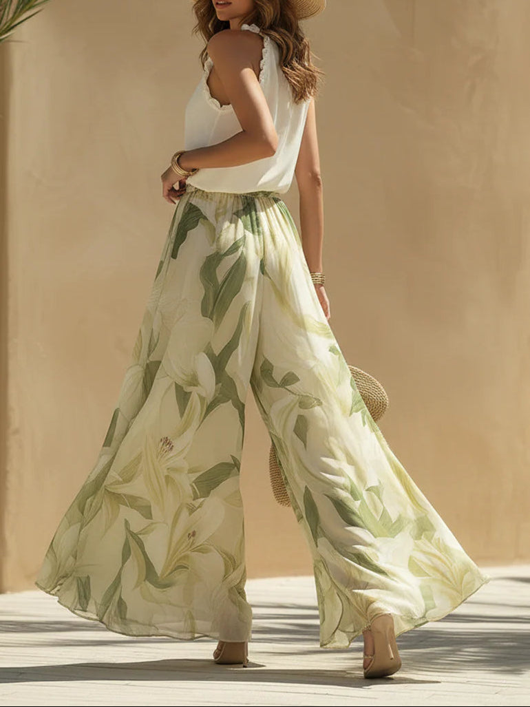 Conjunto de Chiffon Sin Mangas con Volantes y Pantalón con Estampado de Lirios
