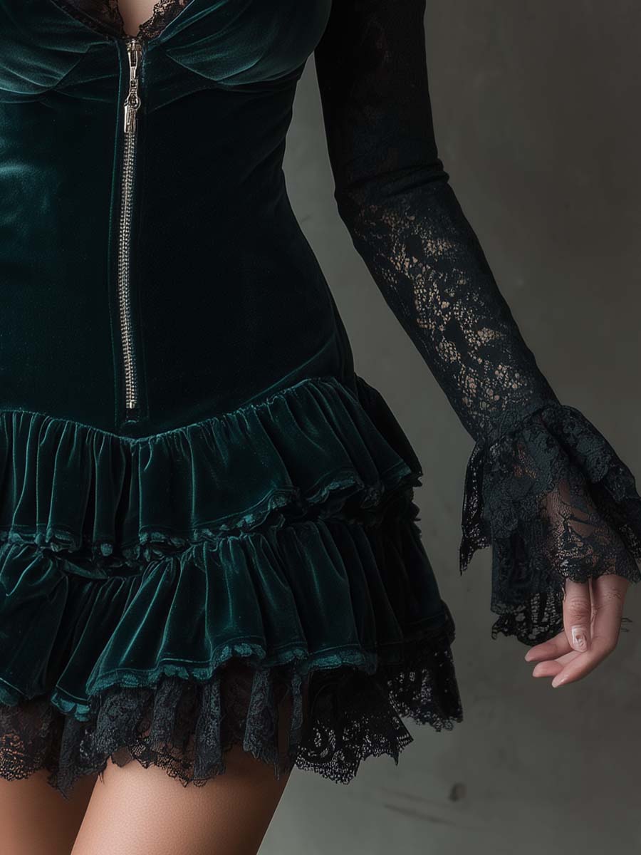 Mini Vestido de Terciopelo Verde Oscuro con Mangas de Encaje