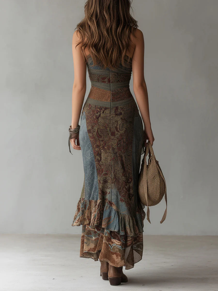 Elena | Vestido maxi estampado asimétrico con abertura con volantes