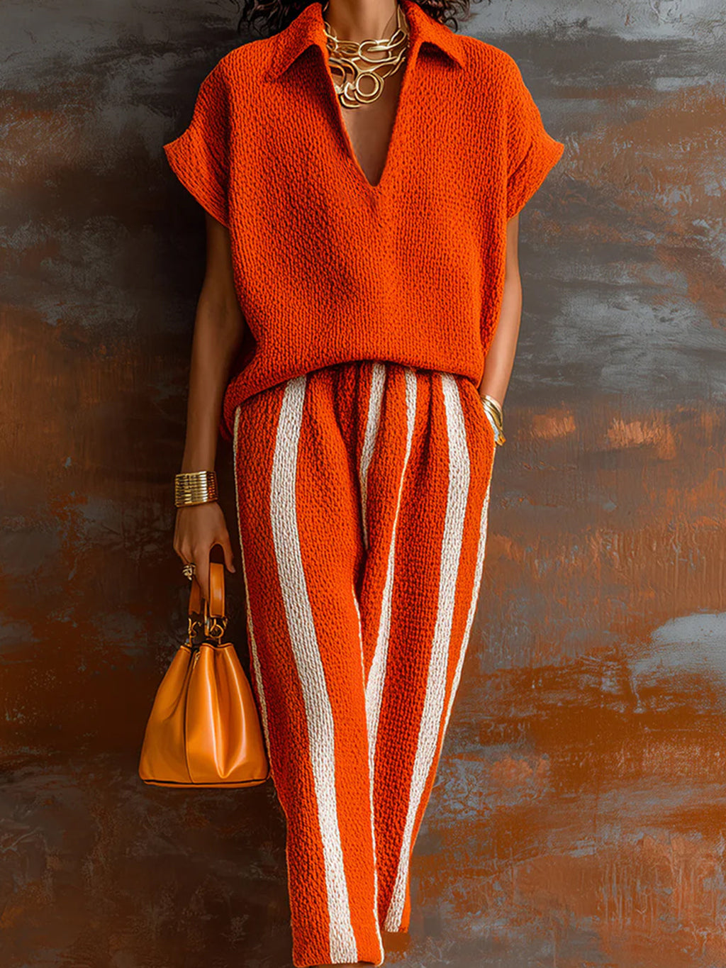 Set de Dos Piezas Chic Elegante Naranja y Blanco: Suéter Colorblock con Cuello en V y Pantalón Elástico