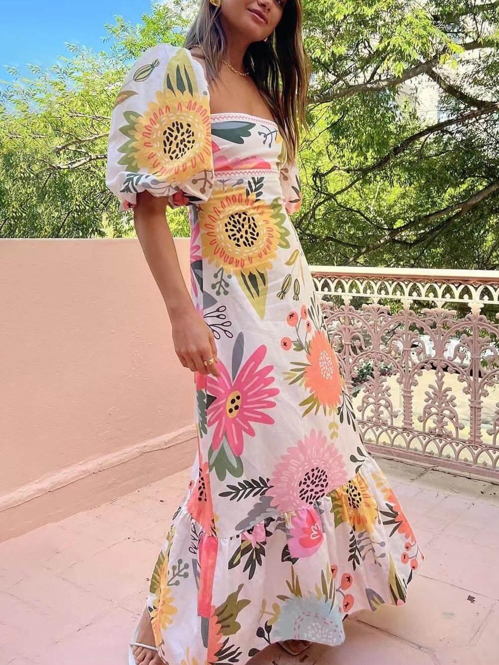 Vestido Maxi Floral con Cuello Cuadrado y Mangas Burbuja