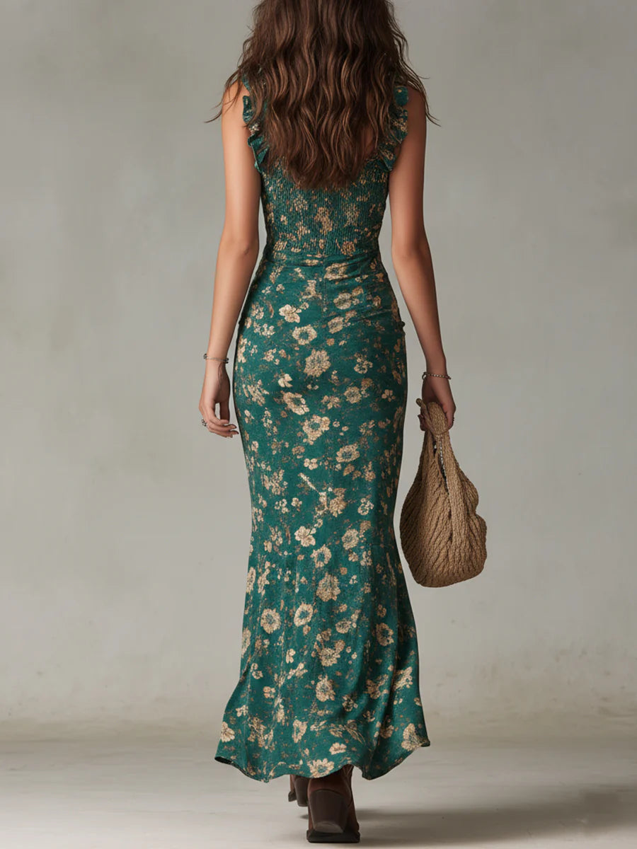 Maxi Vestido Boho Verde Estampado con Mangas de Volantes