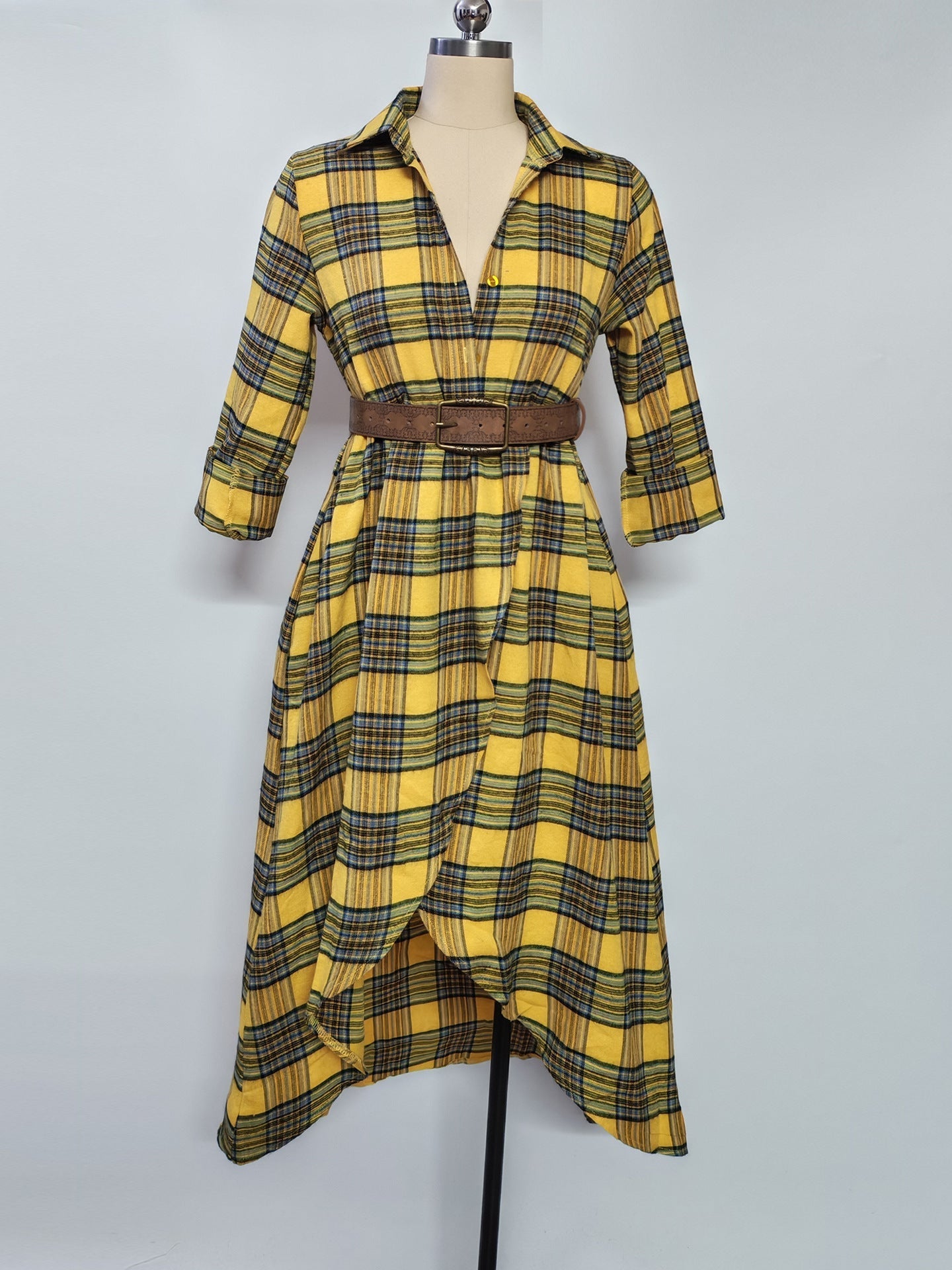 Vestido Camisero Retro de Cuadros Holgado con Cinturón