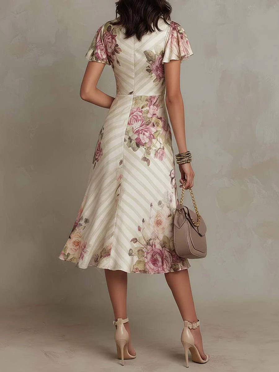 Vestido Midi Satinado Floral Vintage Elegante