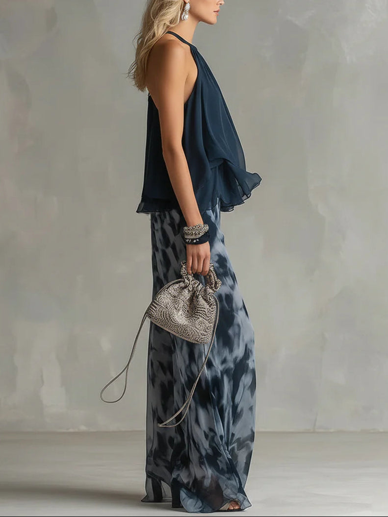 Conjunto de Chiffon con Top Halter Marino y Pantalón Ancho Estampado