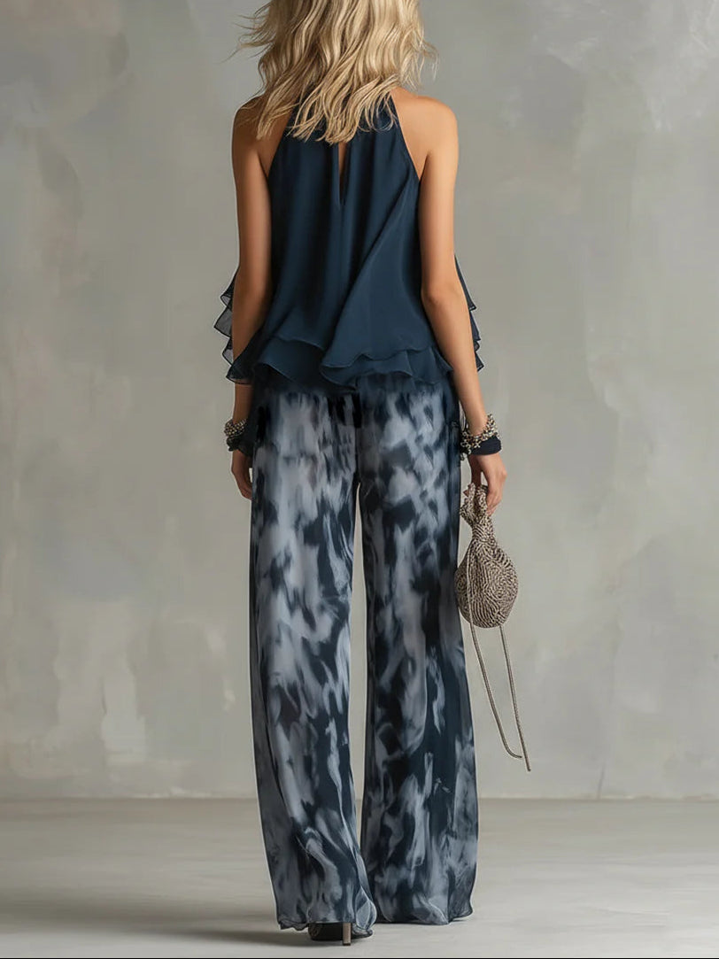 Conjunto de Chiffon con Top Halter Marino y Pantalón Ancho Estampado