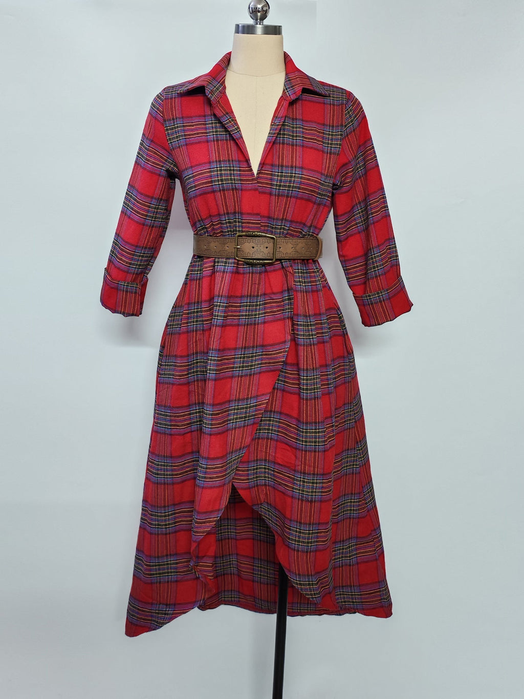 Vestido Camisero Retro de Cuadros Holgado con Cinturón