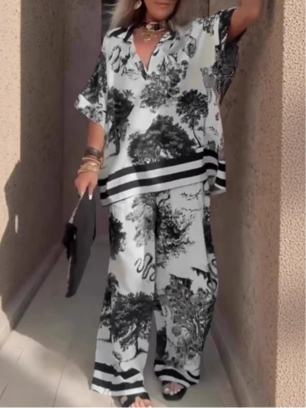 Conjunto Casual de Top Estampado con Cuello en V, Manga Corta y Pantalón de Pierna Ancha