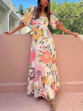 Vestido Maxi Floral con Cuello Cuadrado y Mangas Burbuja