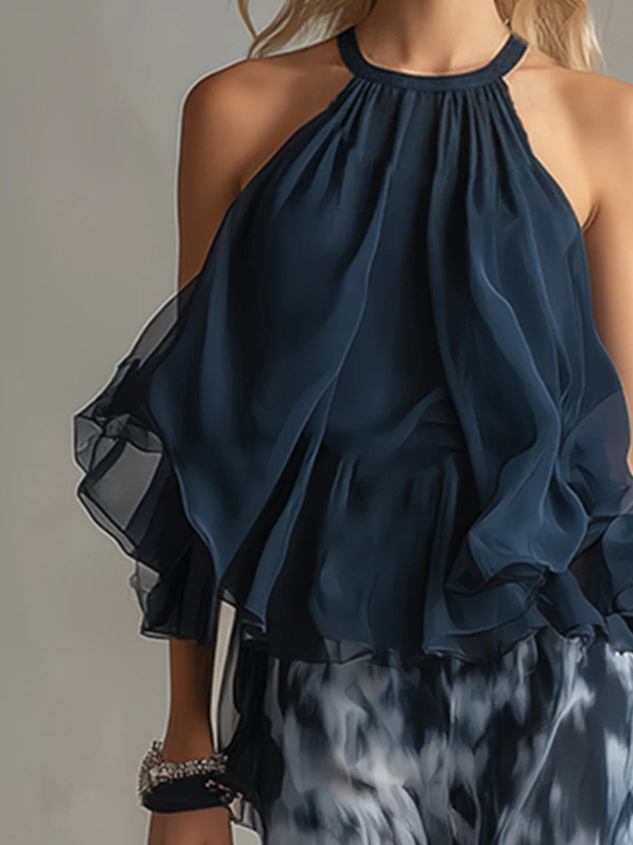Conjunto de Chiffon con Top Halter Marino y Pantalón Ancho Estampado