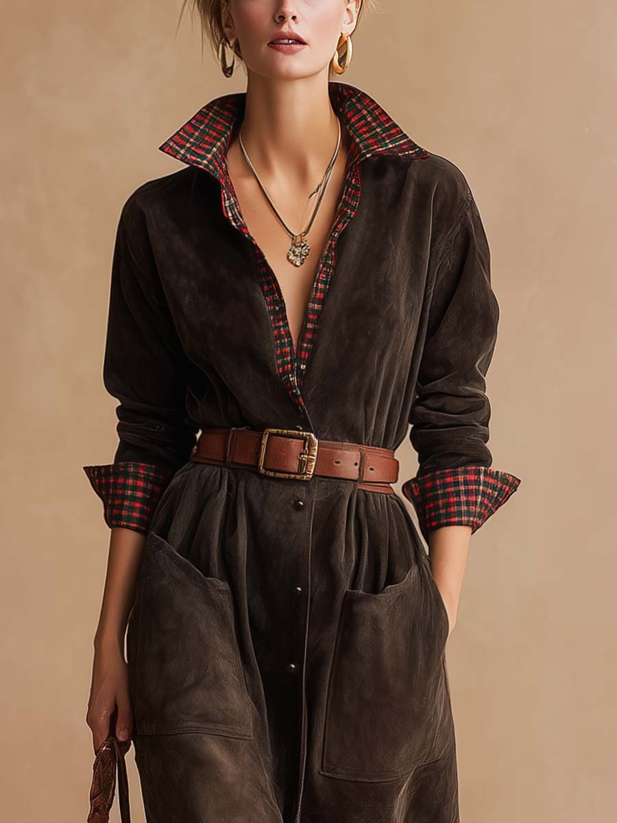 Vestido Retro Café Oscuro de Ante con Cuadros Patchwork (Cinturón Incluido)