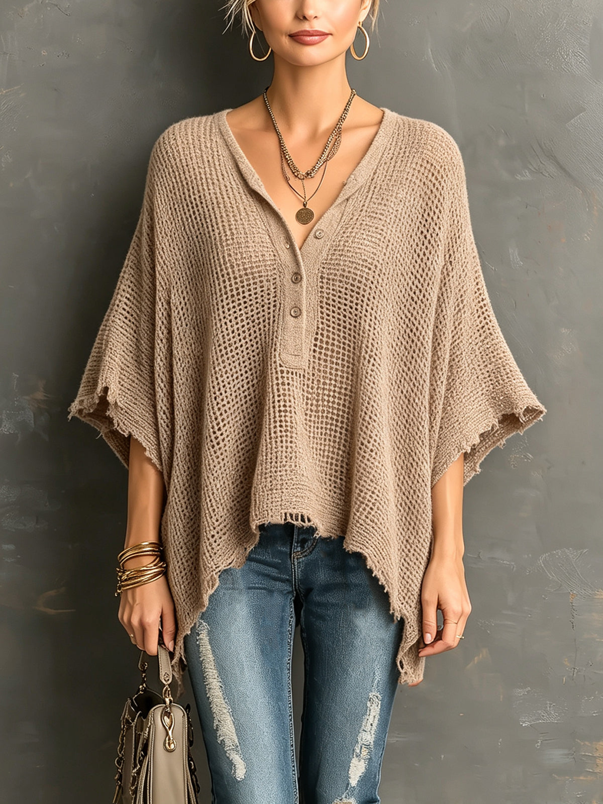 Suéter Chic Casual Negro con Cuello Henley, Hombros Caídos y Mangas Murciélago
