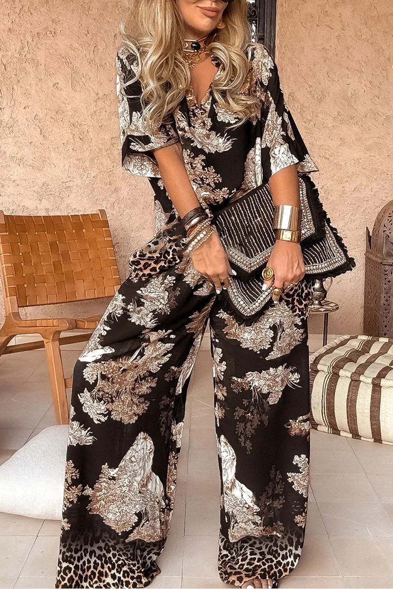 Conjunto Casual de Top Estampado con Cuello en V, Manga Corta y Pantalón de Pierna Ancha