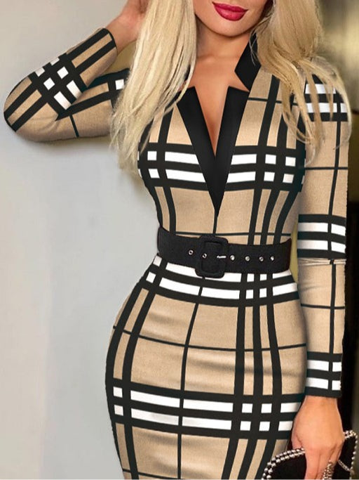 Vestido Bodycon de Cuadros con Cuello en V y Manga Larga (Cinturón Incluido)
