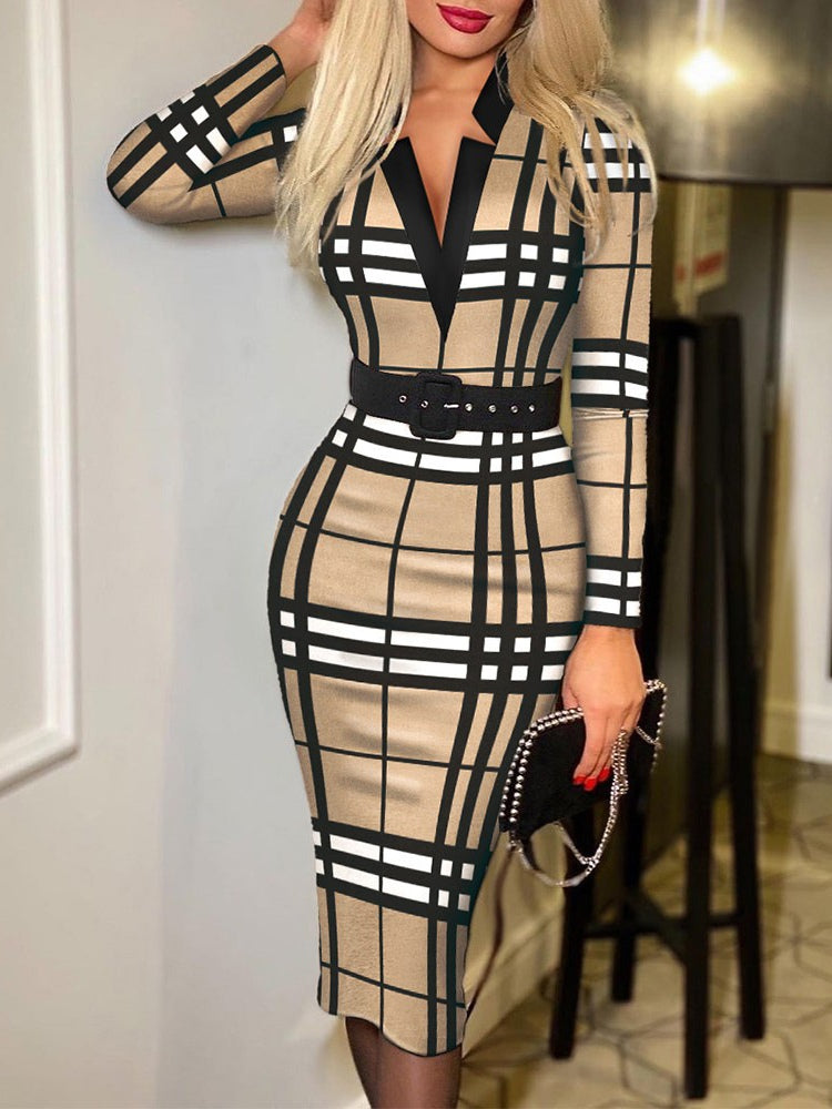 Vestido Bodycon de Cuadros con Cuello en V y Manga Larga (Cinturón Incluido)