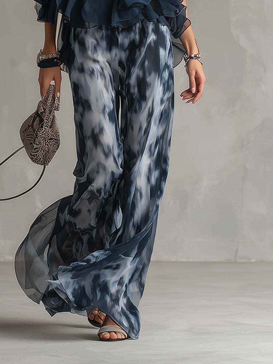 Conjunto de Chiffon con Top Halter Marino y Pantalón Ancho Estampado