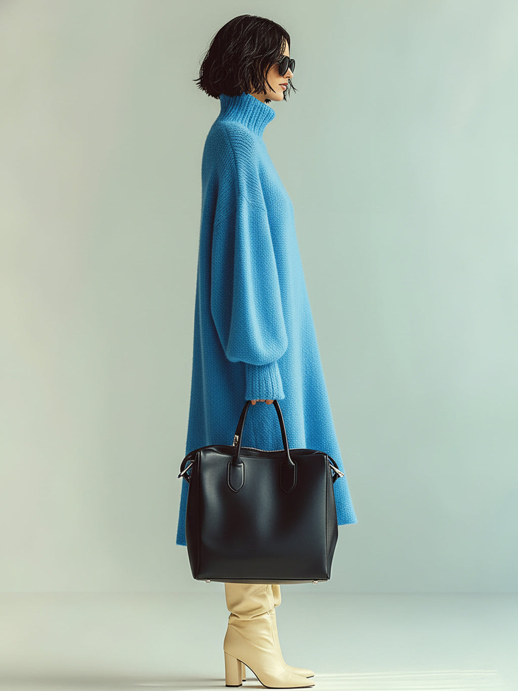 Vestido Midi Chic Casual Azul Oversize con Cuello Alto y Manga Larga
