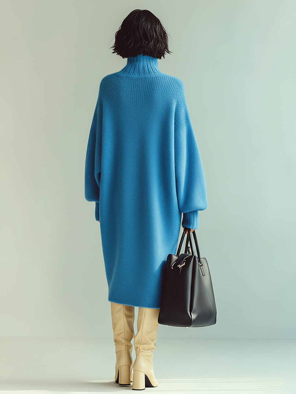 Vestido Midi Chic Casual Azul Oversize con Cuello Alto y Manga Larga