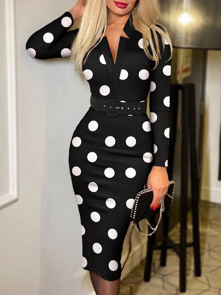 Vestido Bodycon de Cuadros con Cuello en V y Manga Larga (Cinturón Incluido)