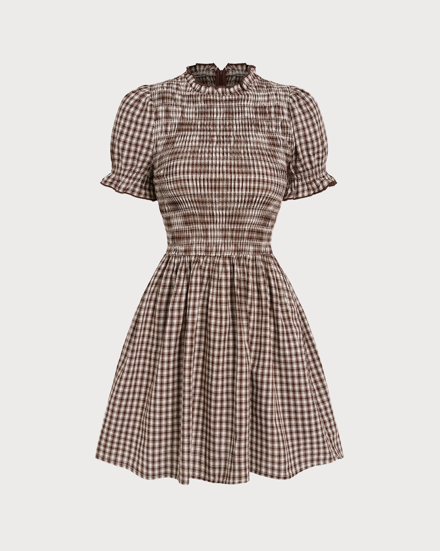 Mini Vestido de Vichy Café con Mangas Puff