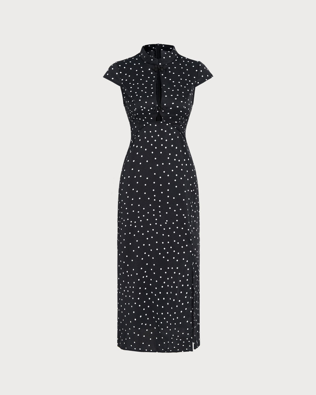 Vestido Midi Negro de Lunares con Cuello Mao