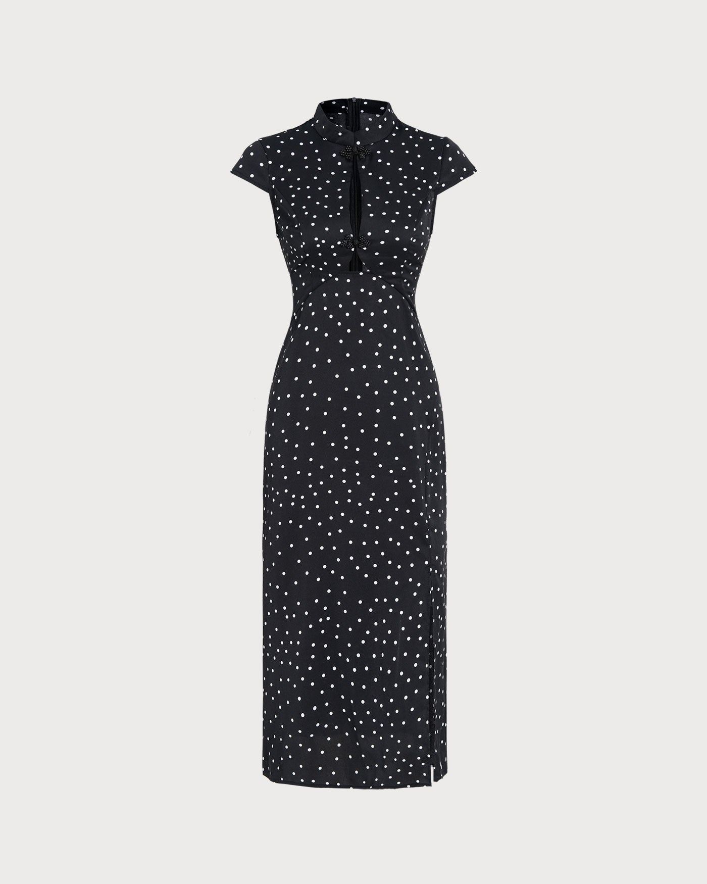 Vestido Midi Negro de Lunares con Cuello Mao