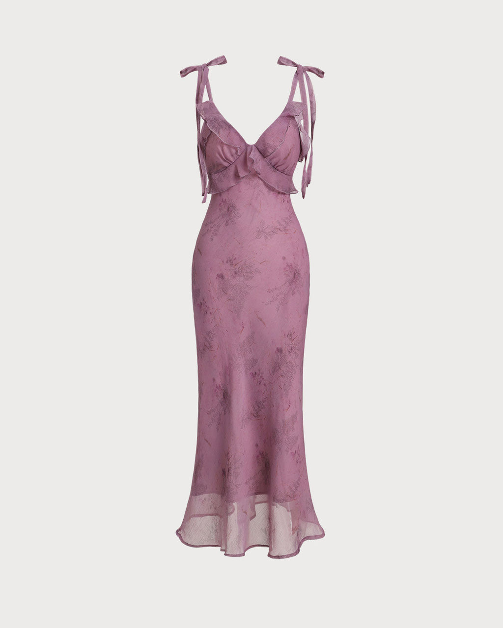 Vestido Midi Floral Morado con Volantes y Tirantes Lazados