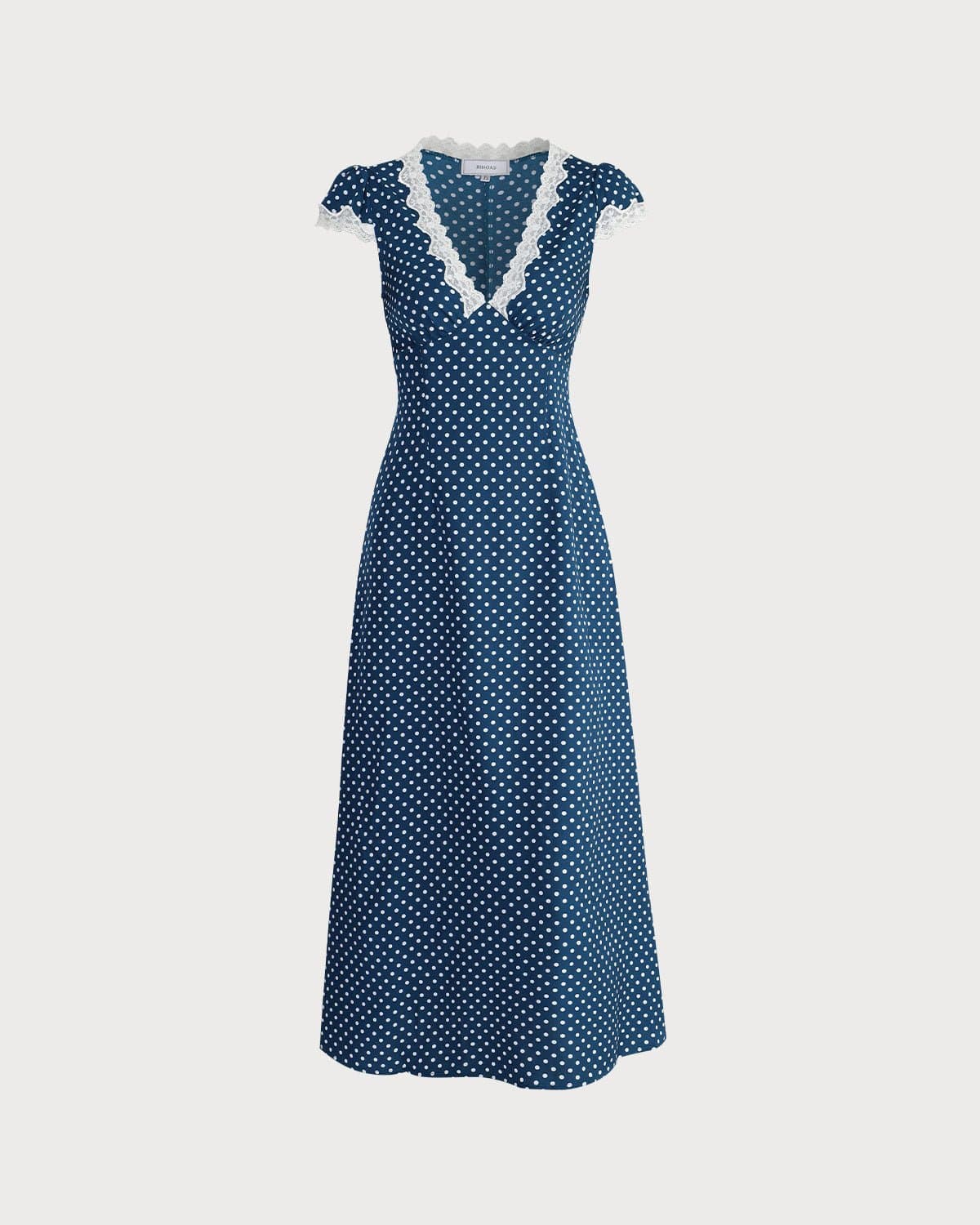 Vestido Maxi Azul Marino de Lunares y Encaje con Fruncido