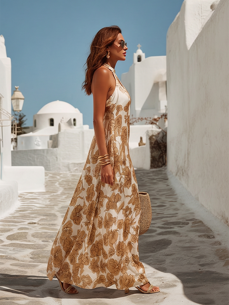 Vestido Maxi de Satén Floral sin Mangas Chic Estilo Vacacional